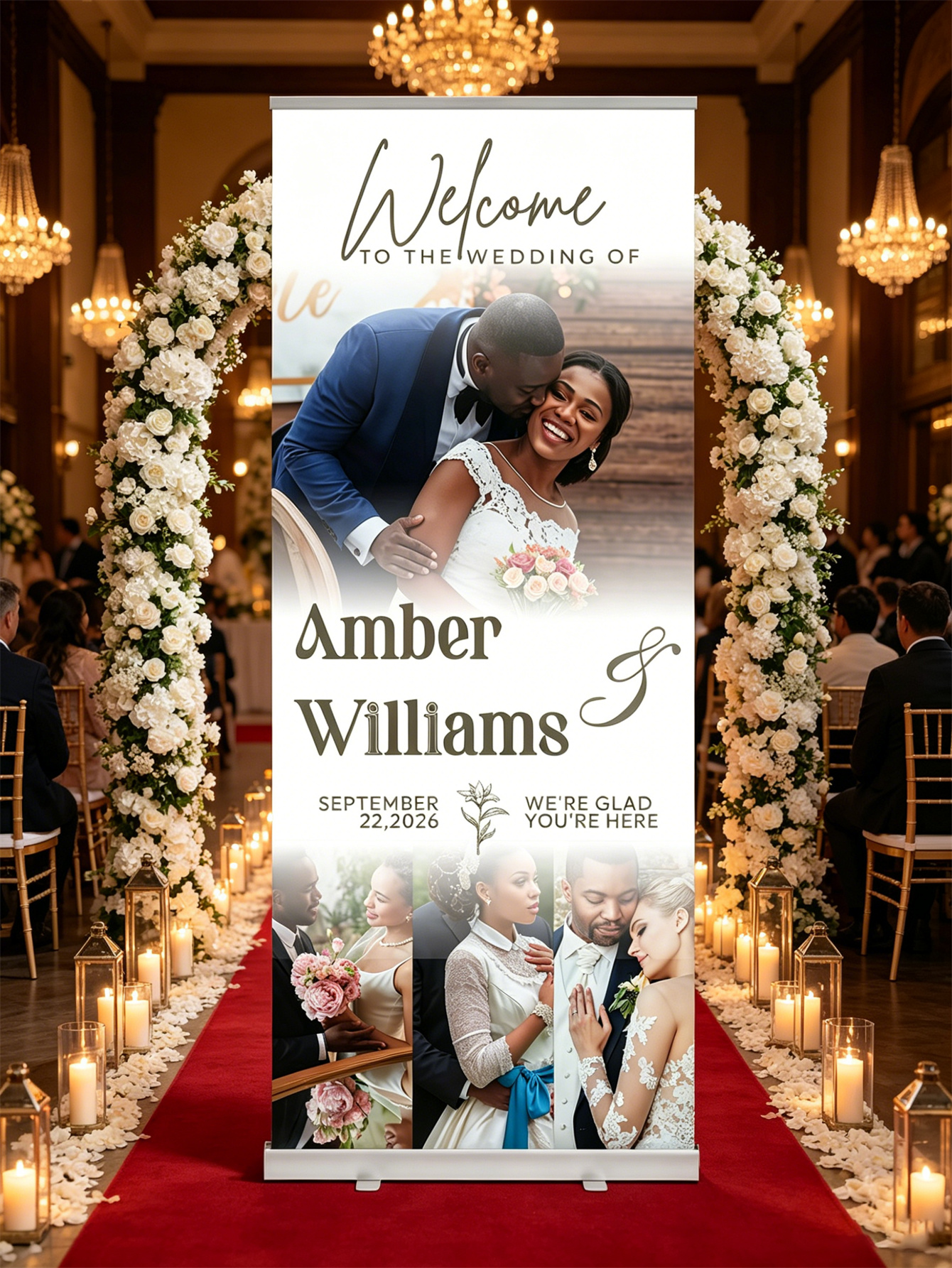 Customized wedding retractable banners - personalized photo wedding welcome signs, reception decorations and background curtains